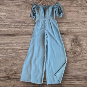 Christina Wu Blue Off-the-Shoulder Jumpsuit with Wide-Leg Pants